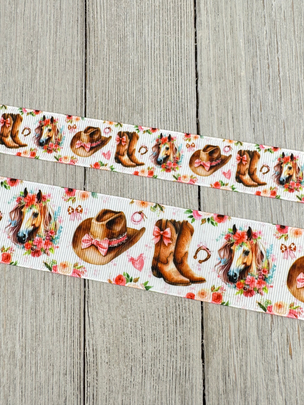 Cowgirl Boot, Western Hat, Horse, Horse Shoe, Pink Bows, Roses Printed Grosgrain Ribbon: 7/8", 1.5", Rodeo, Hair Bow, Cake Band, Award Ribbon