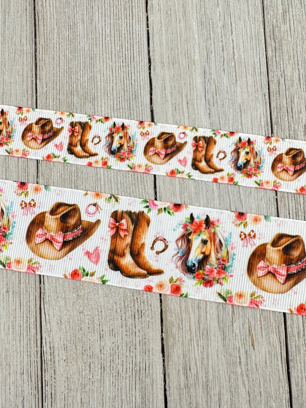 Cowgirl Boot, Western Hat, Horse, Horse Shoe, Pink Bows, Roses Printed Grosgrain Ribbon: 7/8", 1.5", Rodeo, Hair Bow, Cake Band, Award Ribbon