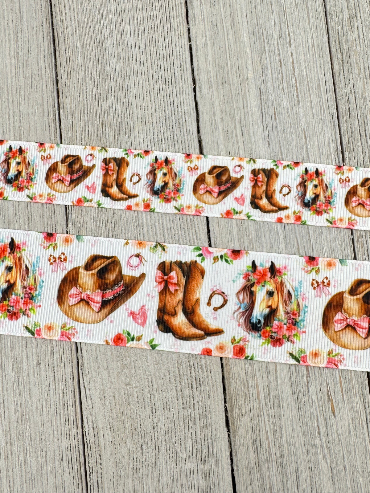 Cowgirl Boot, Western Hat, Horse, Horse Shoe, Pink Bows, Roses Printed Grosgrain Ribbon: 7/8", 1.5", Rodeo, Hair Bow, Cake Band, Award Ribbon