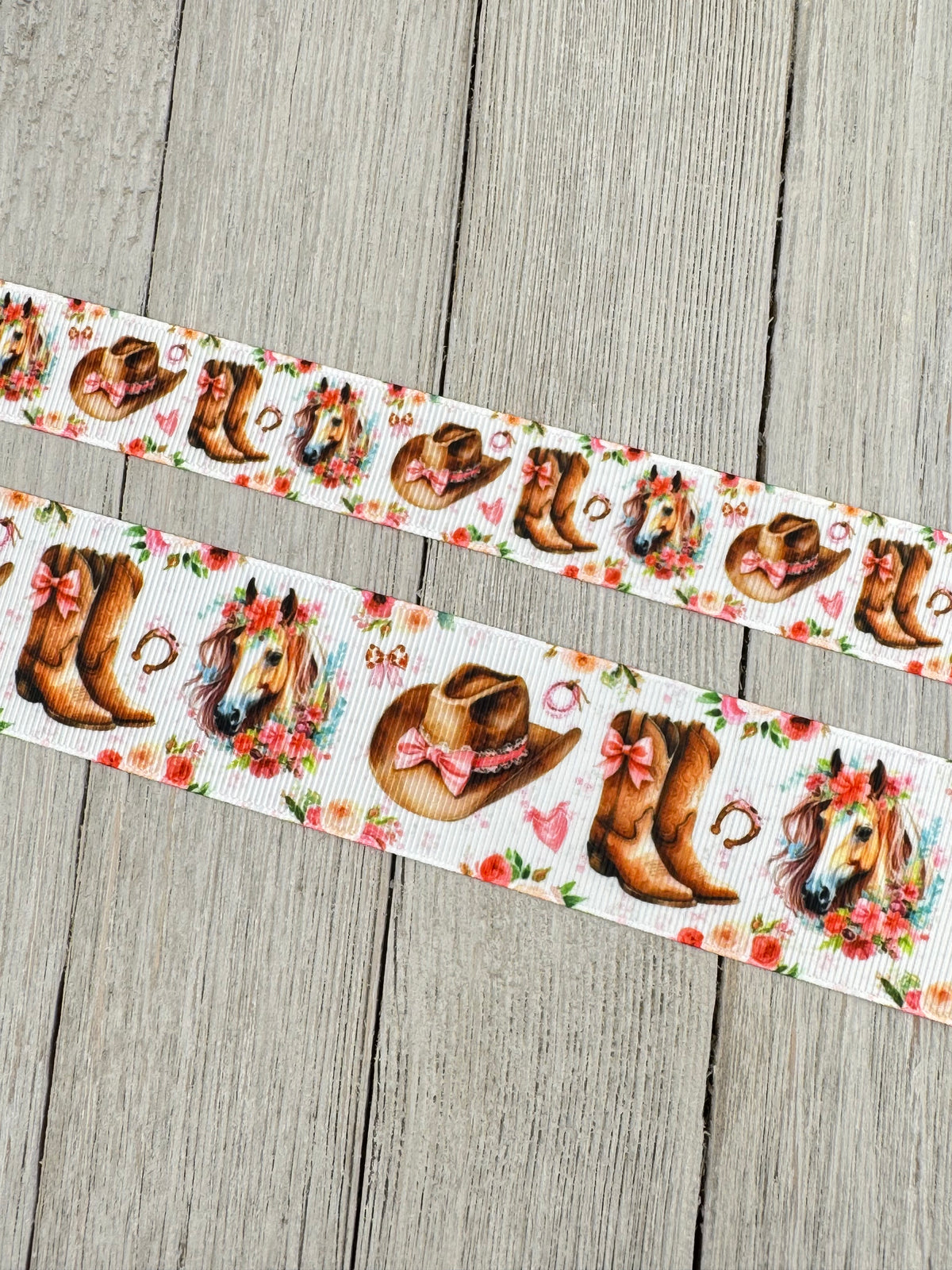 Cowgirl Boot, Western Hat, Horse, Horse Shoe, Pink Bows, Roses Printed Grosgrain Ribbon: 7/8", 1.5", Rodeo, Hair Bow, Cake Band, Award Ribbon