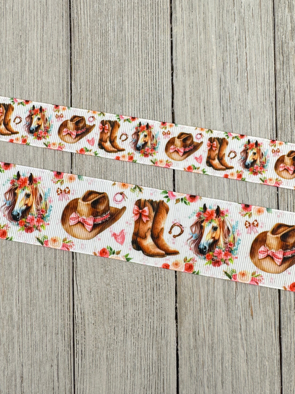 Cowgirl Boot, Western Hat, Horse, Horse Shoe, Pink Bows, Roses Printed Grosgrain Ribbon: 7/8", 1.5", Rodeo, Hair Bow, Cake Band, Award Ribbon