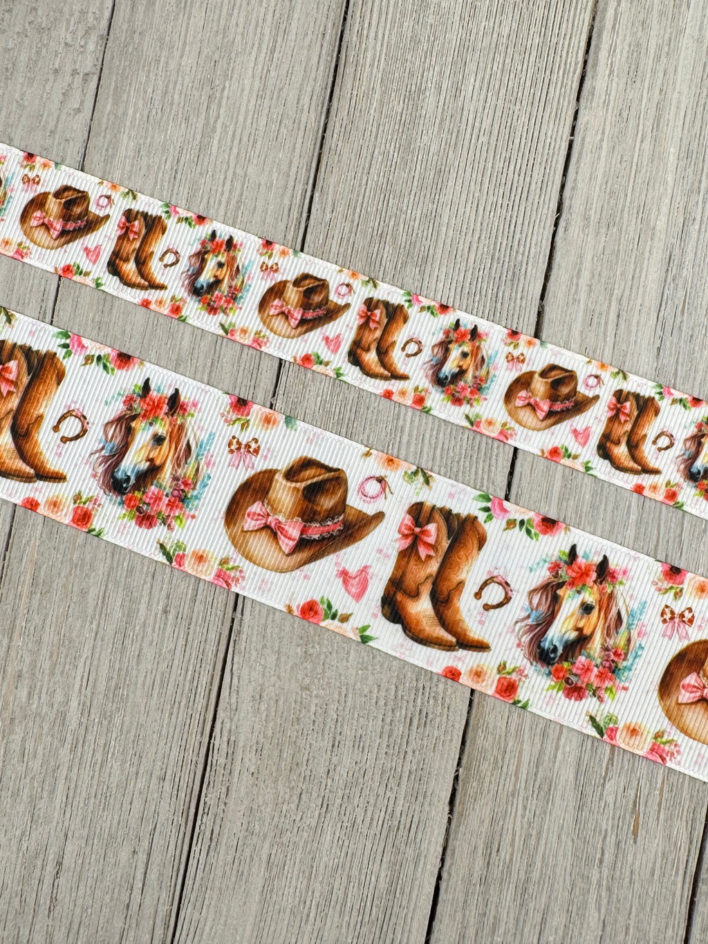 Cowgirl Boot, Western Hat, Horse, Horse Shoe, Pink Bows, Roses Printed Grosgrain Ribbon: 7/8", 1.5", Rodeo, Hair Bow, Cake Band, Award Ribbon