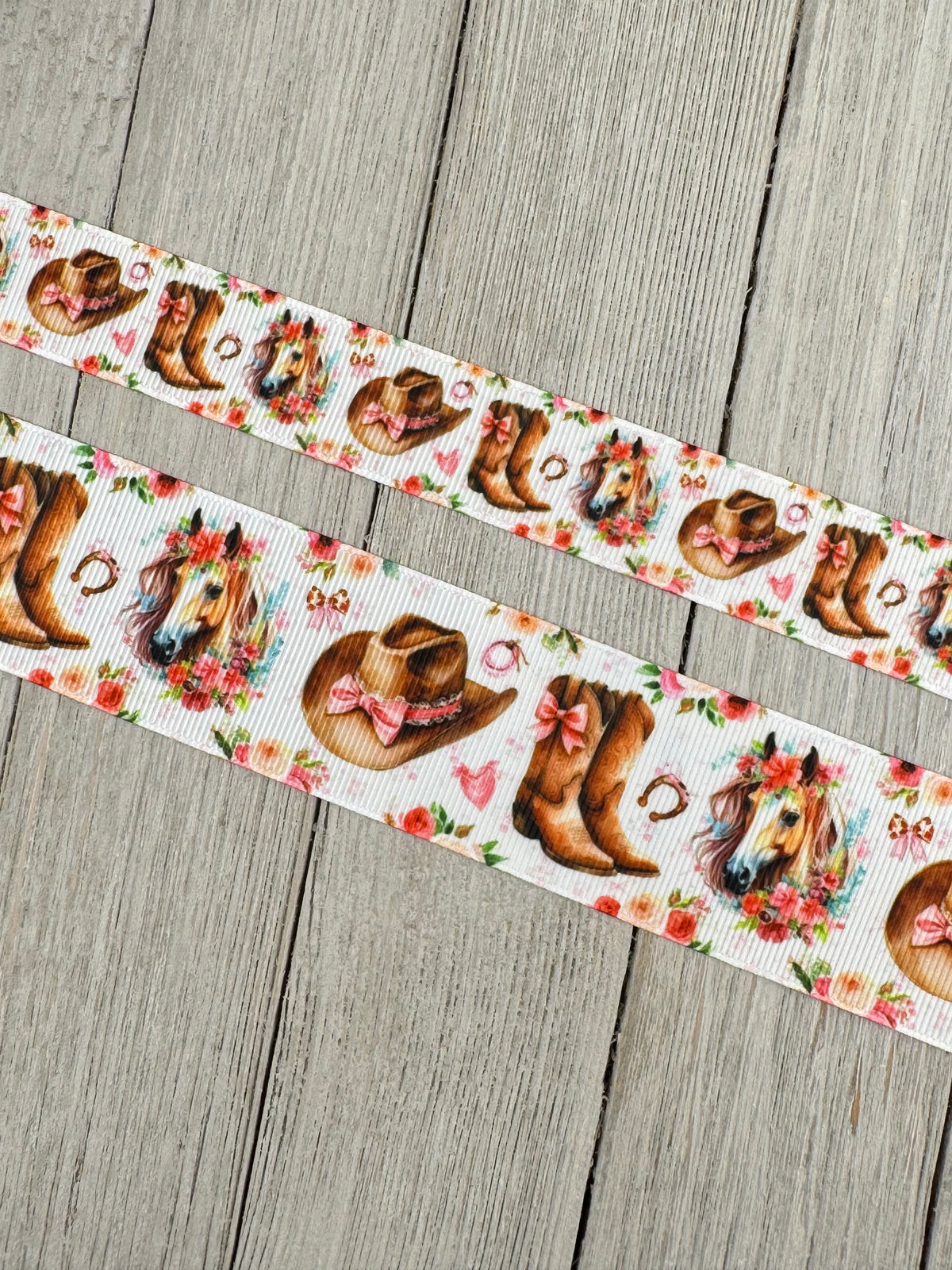 Cowgirl Boot, Western Hat, Horse, Horse Shoe, Pink Bows, Roses Printed Grosgrain Ribbon: 7/8", 1.5", Rodeo, Hair Bow, Cake Band, Award Ribbon