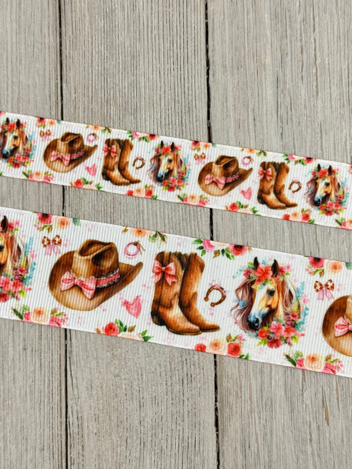 Cowgirl Boot, Western Hat, Horse, Horse Shoe, Pink Bows, Roses Printed Grosgrain Ribbon: 7/8", 1.5", Rodeo, Hair Bow, Cake Band, Award Ribbon