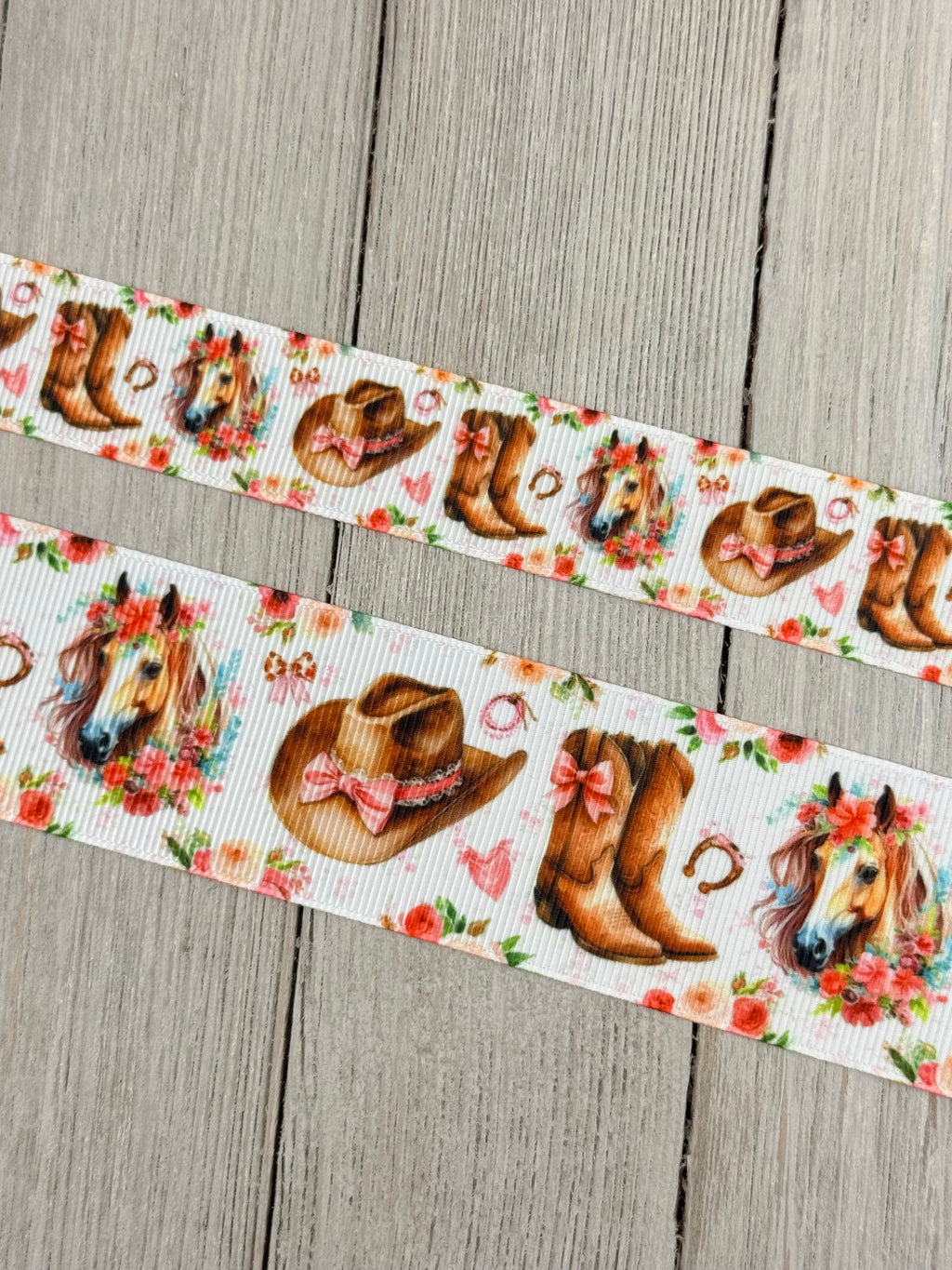 Cowgirl Boot, Western Hat, Horse, Horse Shoe, Pink Bows, Roses Printed Grosgrain Ribbon: 7/8", 1.5", Rodeo, Hair Bow, Cake Band, Award Ribbon