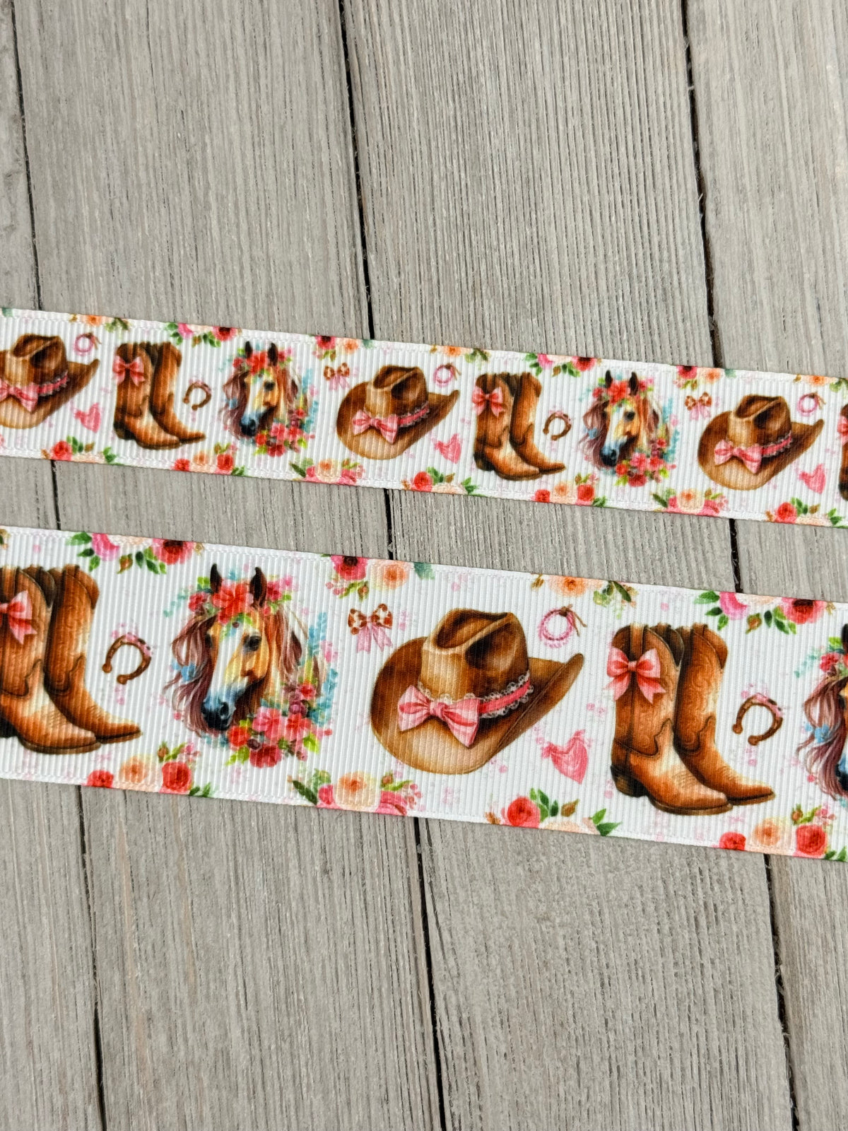 Cowgirl Boot, Western Hat, Horse, Horse Shoe, Pink Bows, Roses Printed Grosgrain Ribbon: 7/8", 1.5", Rodeo, Hair Bow, Cake Band, Award Ribbon