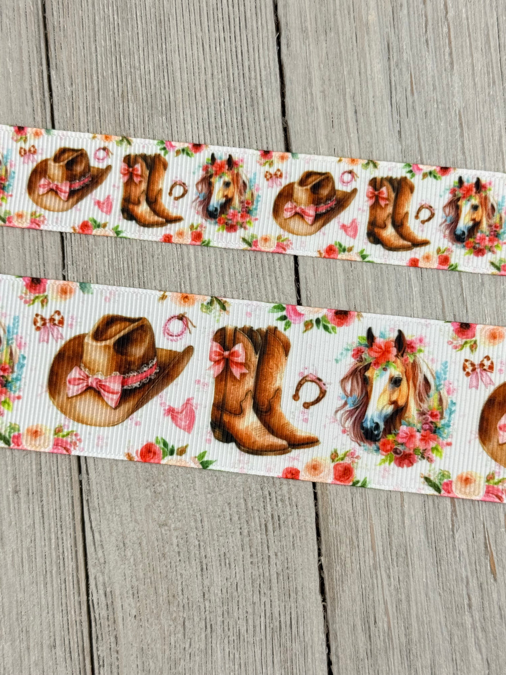 Cowgirl Boot, Western Hat, Horse, Horse Shoe, Pink Bows, Roses Printed Grosgrain Ribbon: 7/8", 1.5", Rodeo, Hair Bow, Cake Band, Award Ribbon