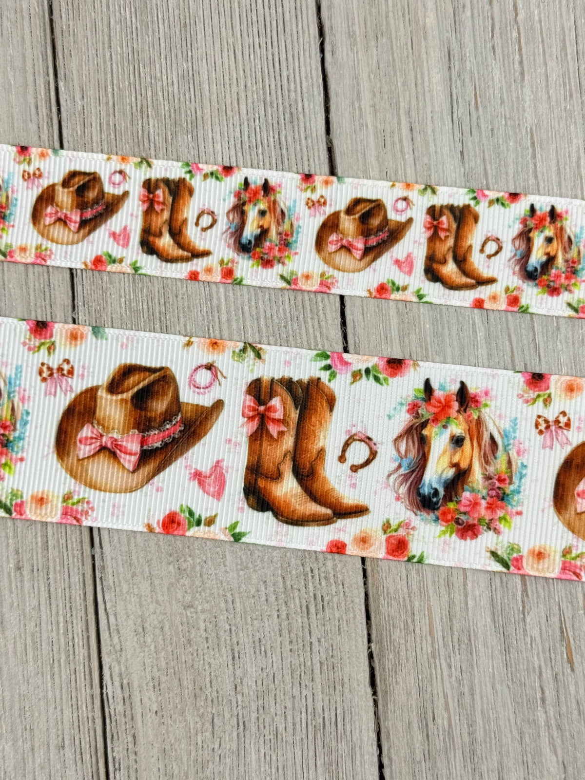 Cowgirl Boot, Western Hat, Horse, Horse Shoe, Pink Bows, Roses Printed Grosgrain Ribbon: 7/8", 1.5", Rodeo, Hair Bow, Cake Band, Award Ribbon