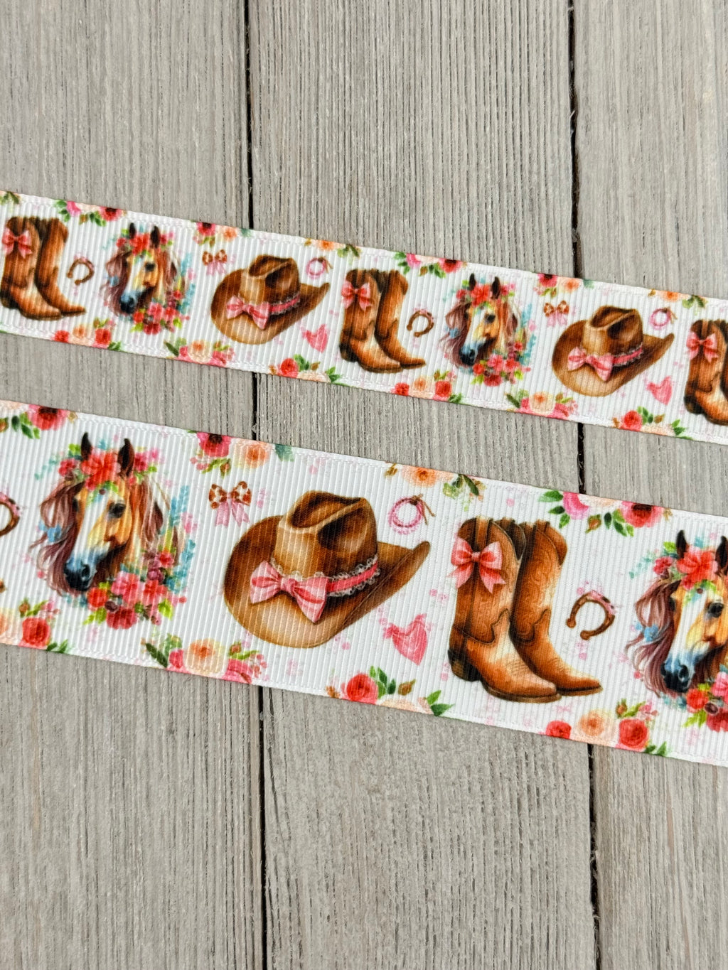 Cowgirl Boot, Western Hat, Horse, Horse Shoe, Pink Bows, Roses Printed Grosgrain Ribbon: 7/8", 1.5", Rodeo, Hair Bow, Cake Band, Award Ribbon