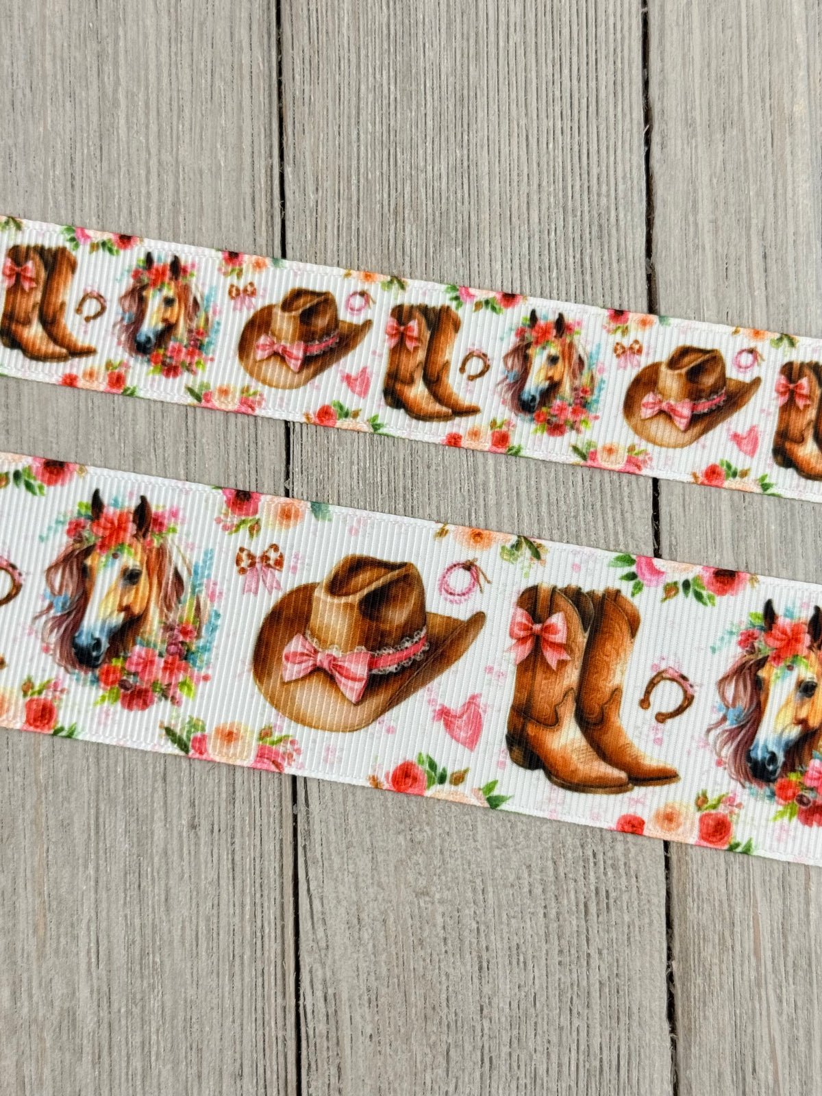Cowgirl Boot, Western Hat, Horse, Horse Shoe, Pink Bows, Roses Printed Grosgrain Ribbon: 7/8", 1.5", Rodeo, Hair Bow, Cake Band, Award Ribbon