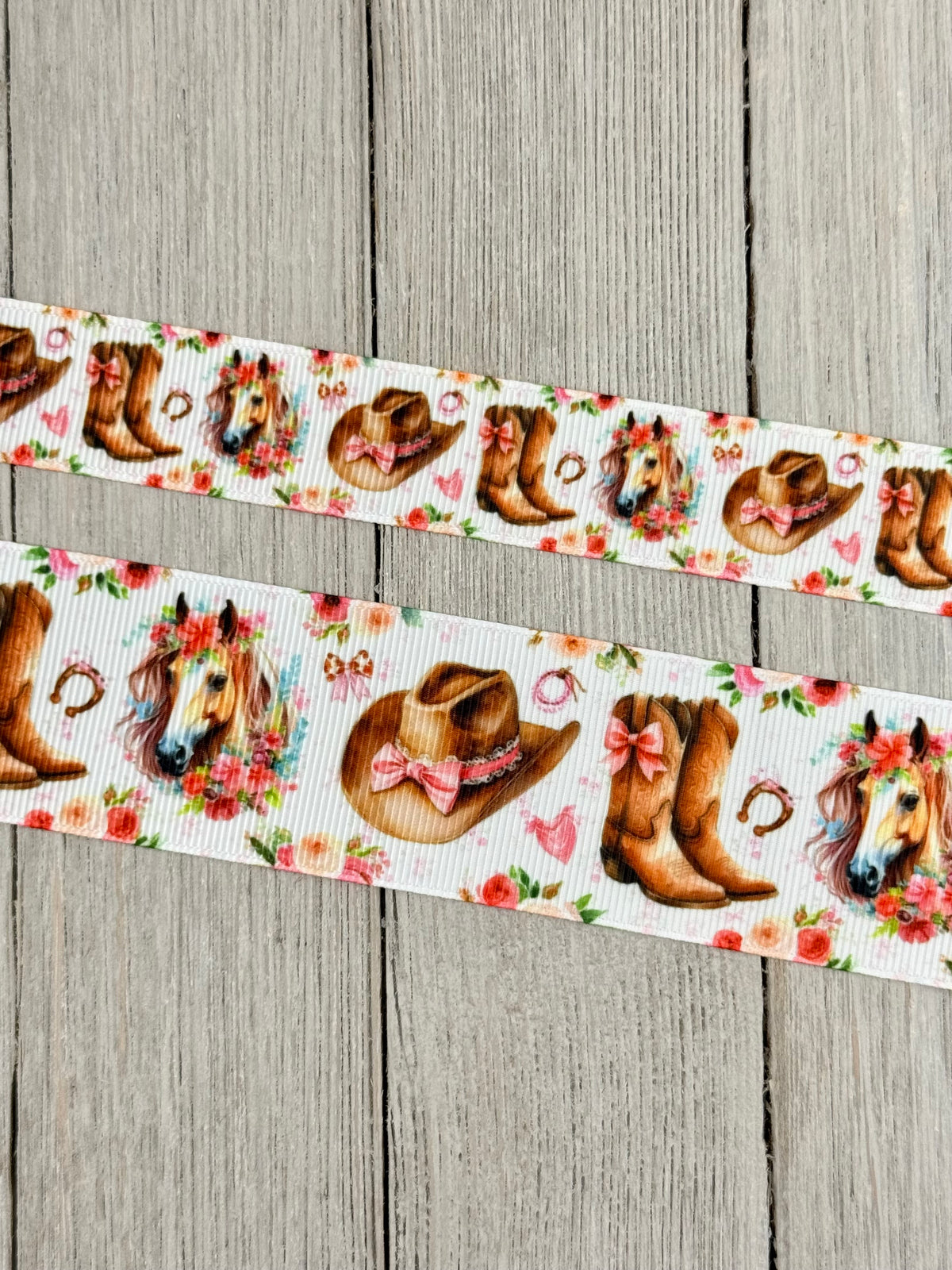 Cowgirl Boot, Western Hat, Horse, Horse Shoe, Pink Bows, Roses Printed Grosgrain Ribbon: 7/8", 1.5", Rodeo, Hair Bow, Cake Band, Award Ribbon