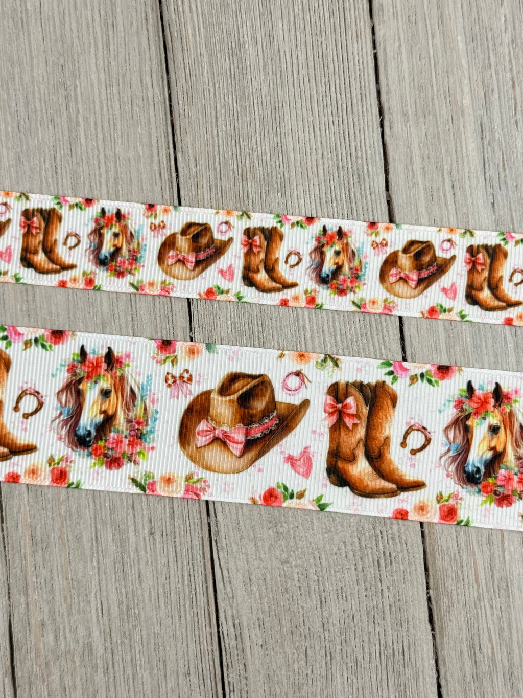 Cowgirl Boot, Western Hat, Horse, Horse Shoe, Pink Bows, Roses Printed Grosgrain Ribbon: 7/8", 1.5", Rodeo, Hair Bow, Cake Band, Award Ribbon