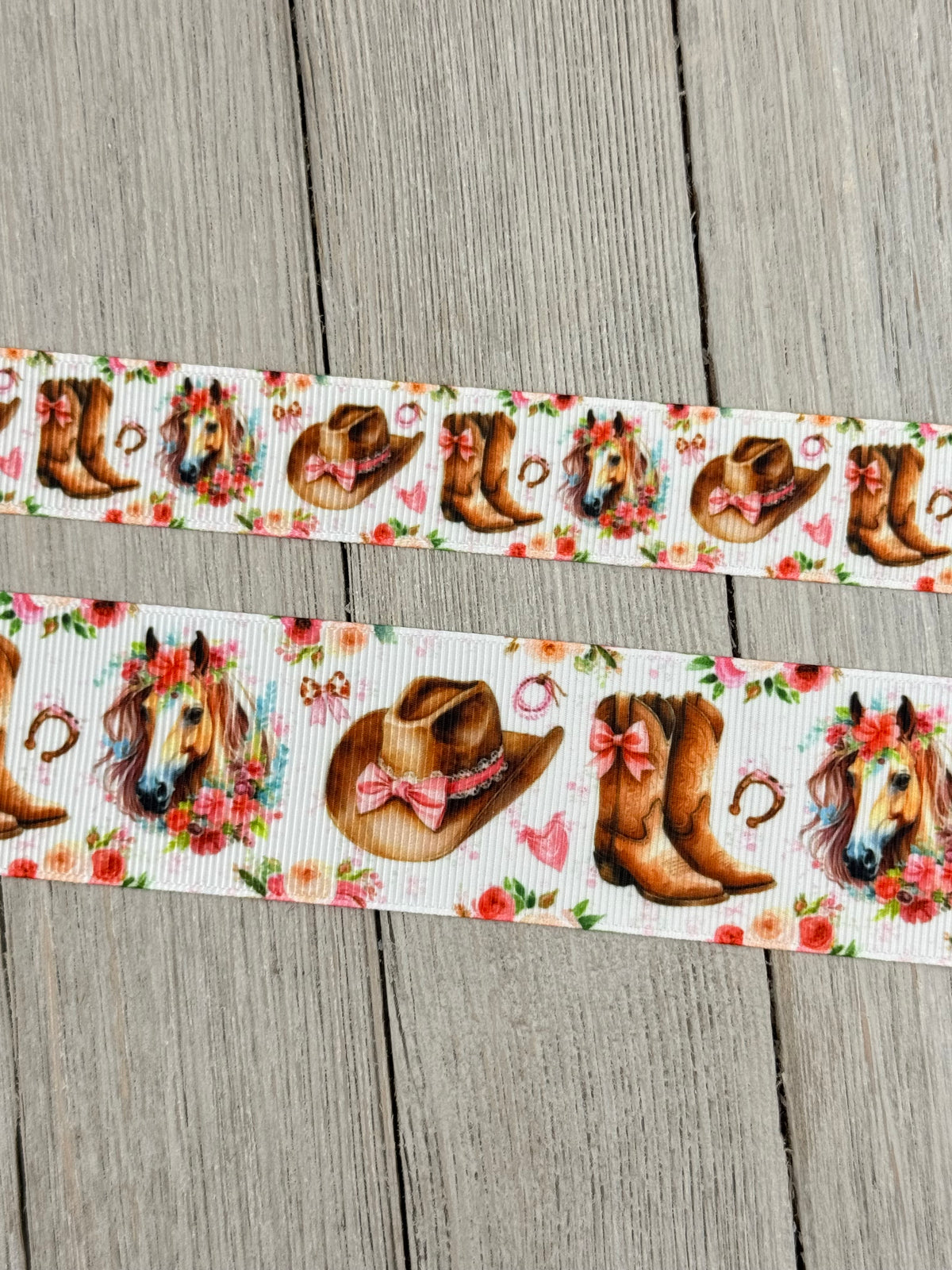 Cowgirl Boot, Western Hat, Horse, Horse Shoe, Pink Bows, Roses Printed Grosgrain Ribbon: 7/8", 1.5", Rodeo, Hair Bow, Cake Band, Award Ribbon