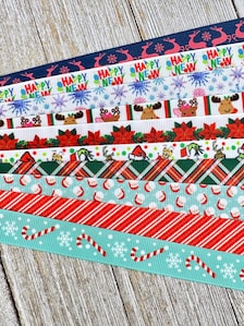 Get Exactly What You See! 10 x 1-Yard Cuts of 5/8" Holiday Christmas Winter Assorted Grosgrain Printed Ribbon Bundle