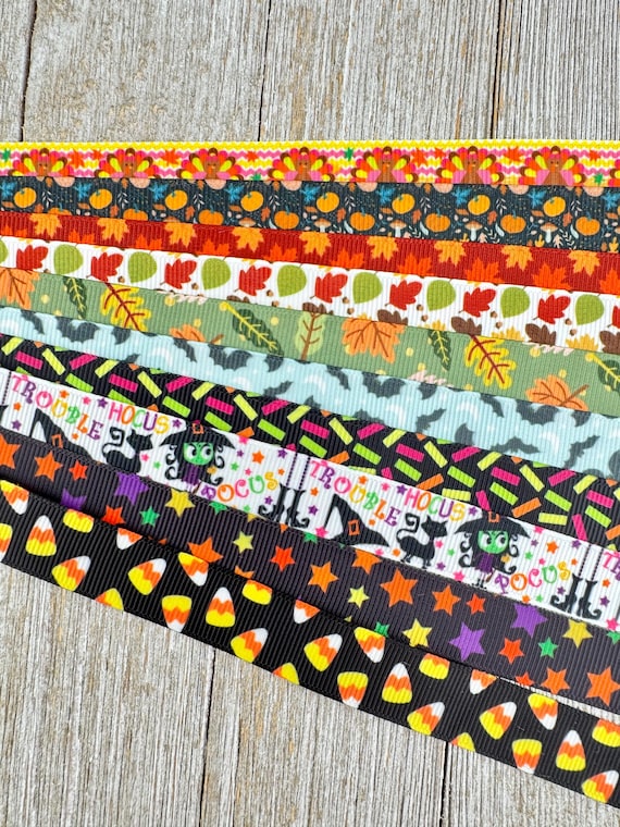 Get Exactly What You See! 10 - 1-Yard Cuts Grosgrain Ribbon: 5/8", Fall & Halloween, Hair Bow - Luggage Tag, Dog Collar, Autumn Leaves