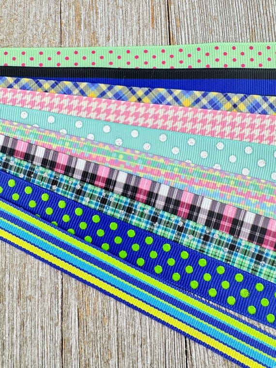 Get Exactly What You See! 10 - 1-Yard Cuts of 5/8" Stripes Plaids Dot Assorted Grosgrain Printed Ribbon - Tag- Wrap - Hair Bow - Trim - Band