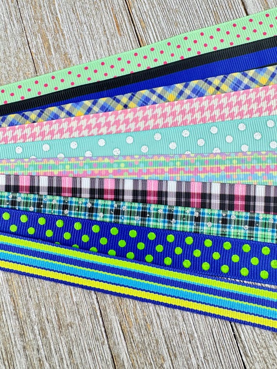 Get Exactly What You See! 10 - 1-Yard Cuts of 5/8" Stripes Plaids Dot Assorted Grosgrain Printed Ribbon - Tag- Wrap - Hair Bow - Trim - Band