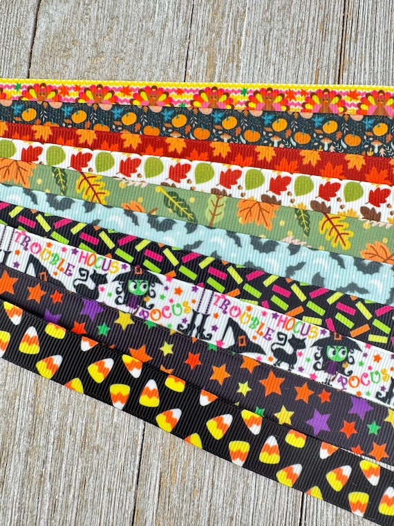 Get Exactly What You See! 10 - 1-Yard Cuts Grosgrain Ribbon: 5/8", Fall & Halloween, Hair Bow - Luggage Tag, Dog Collar, Autumn Leaves