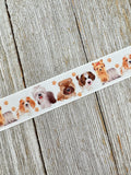 May include: White ribbon featuring a repeating pattern of various dog breeds in shades of brown, tan, and white. Small paw prints are interspersed between the dog illustrations. The ribbon is set against a weathered, light-colored wooden surface.